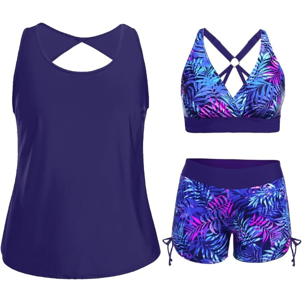 Women Plus Size Tankini Swimwear 3PC Tummy Control Sports Bra Boy Shorts